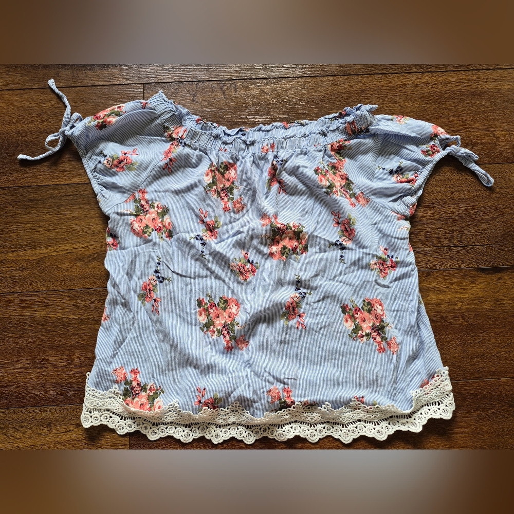 No Boundaries Boho Short Sleeve Blue Floral Blouse Sz XL 15/17